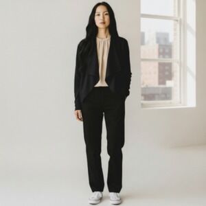 Brochu Walker Tencel Linen Draped Open Front Jacket Black Waterfall Cardigan S